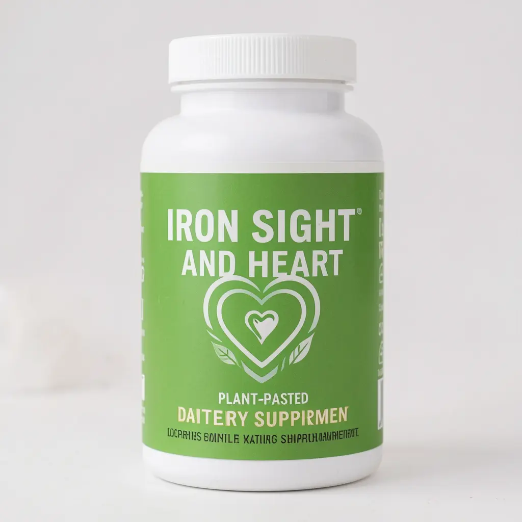 Iron Sight and Heart plant-based dietary supplement bottle with green label and heart emblem